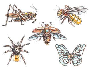 Set of steampunk insects isolated on white background. Watercolor hand drawn illustration of mechanical beetles. Spider, bee, fly, dragonfly, butterfly, grasshopper, scarab.