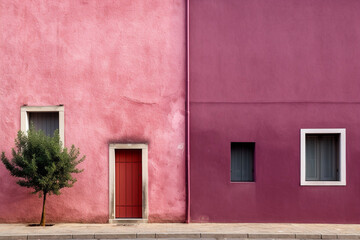 Obraz na płótnie Canvas Pink Stucco Wall Two Pinks Monochromatic Door Windows Plant Generative AI