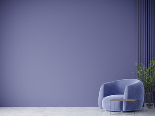 Horizontal area with colorful mockup empty wall. Very peri lavender paint color - trend livingroom with armchair with little table - modern design interior home.  Purple empty wall. 3d render 