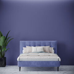Bedroom in trendy very peri color. A colorful empty lavender wall and a purple velor bed. Lilac, amethyst, cornflower shades of room interior design. 3d render 