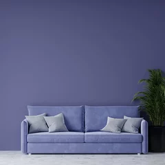 Papier Peint photo Pantone 2022 very peri Very peri  trend coloг in the livingroom lounge. Painted blank background wall for art and cornflower blue sofa. Template modern room design. Purple lavender accent. 3d render 