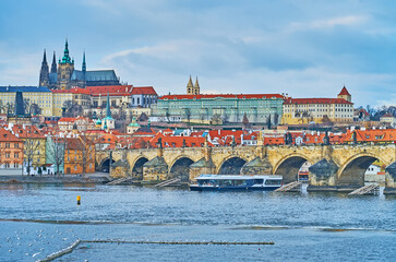 Vltava against the Charles Bridge and St Vitus Cathedral, Prague, Czechia