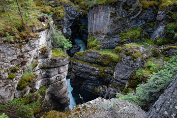 A glimpse of the waterfall in the middle of the rocks, Rift in the mountain. Jasper National Park is a national park in Alberta, Canada. It is the largest national park within the Alberta Rockies span