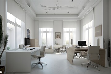 Fototapeta premium Un bureau moderne Design d'intérieur Vue de l'ensemble du bureau, generative ai 