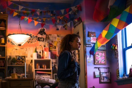 Mid-shot, bisexual woman adjusting a Bi Pride flag on her wall