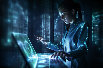 Future medicine. Medicine doctor using digital medical futuristic interface. Molecular fluorescent neuron network and DNA is used in medicine. Healthcare, analysis, diagnose, laboratory