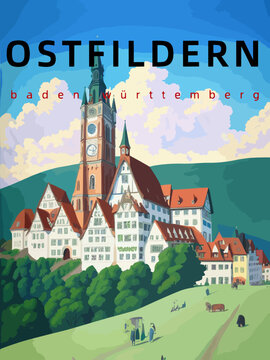 Ostfildern: Retro tourism poster with an German landscape and the headline Ostfildern in Baden-W&uuml;rttemberg