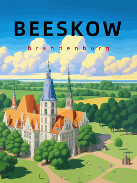 Beeskow: Retro tourism poster with an German landscape and the headline Beeskow in Brandenburg
