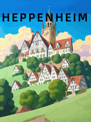 Heppenheim: Retro tourism poster with an German landscape and the headline Heppenheim in Hessen