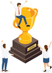 People Characters standing near Gold Cup and Celebrating Victory. Happy Woman and Man Successfully Achieve Reward. Winners and Prize. Business Goal Success. Isometric vector.