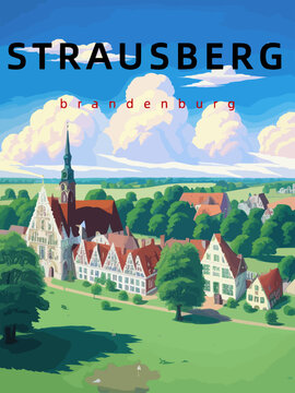 Strausberg: Retro tourism poster with an German landscape and the headline Strausberg in Brandenburg