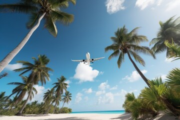 Airplane flying over a white sandy beach with palm trees. Generative AI.
