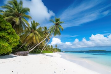 Tropical beach with white sand and palm trees. Generative AI.
