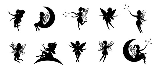 Fairy silhouettes. Funny fairies in different poses. Little creatures with wings. Mythical fairy tale characters in cute dresses. Beautiful fairies - obrazy, fototapety, plakaty