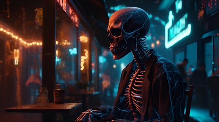 Fototapeta na wymiar Depressed Skeleton Drinking in Bar. Generative AI
