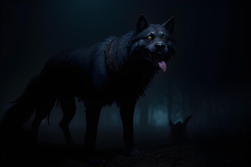 Mystical wolf in dark atmosphere forest