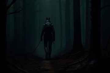 Fototapeta na wymiar Character leaving scene into dark horror forest