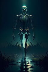 Illustration of horror skeleton in dark environment