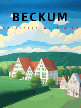 Beckum: Retro tourism poster with an German landscape and the headline Beckum in Nordrhein-Westfalen