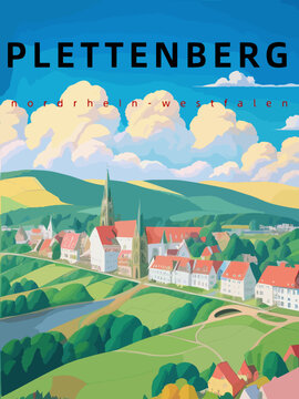 Plettenberg: Retro tourism poster with an German landscape and the headline Plettenberg in Nordrhein-Westfalen