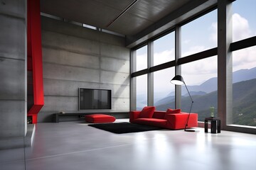 chambre avec grande fenêtre mur gris canapé rouge, generative ai
 - obrazy, fototapety, plakaty