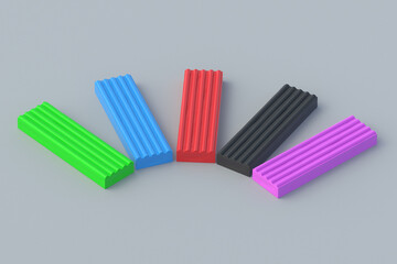 Group of plasticine bricks on gray background. Modeling clay. Toy for kids. Preschool education. 3d render