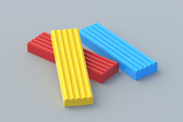 Heap of plasticine bricks on gray background. Modeling clay. Toy for kids. Preschool education. 3d render