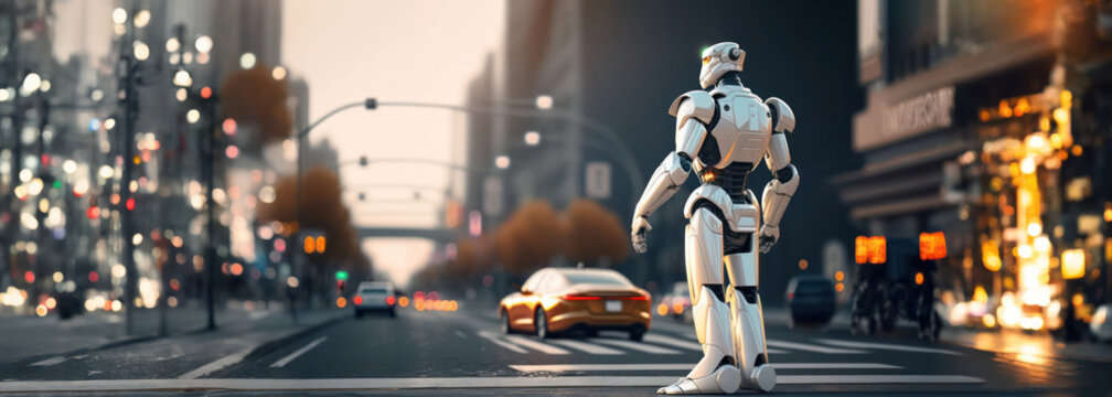 futuristic cyborg robot standing in wide street city landscape with cars passing by as wide banner with copyspace area - Generative AI