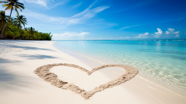 Heart drawn on the sand of a beautiful tropical beach. Generative AI