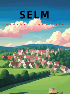 Selm: Retro tourism poster with an German landscape and the headline Selm in Nordrhein-Westfalen