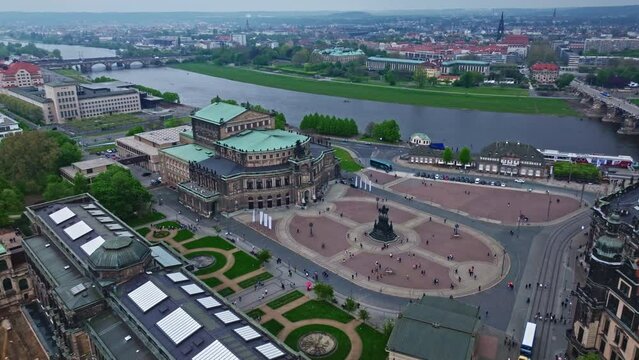 Drone shot of The Semperoper Dresden . It is the opera house of the S&auml;chsische Staatsoper Dresden (Saxon State Opera) and the concert hall of the Staatskapelle Dresden (Saxon State Orchestra)