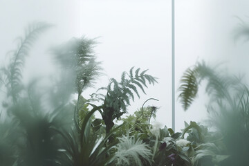 Tropical plants behind frosted glass. 