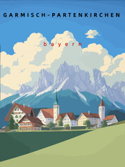 Garmisch-Partenkirchen: Retro tourism poster with an German landscape and the headline Garmisch-Partenkirchen in Bayern - obrazy, fototapety, plakaty
