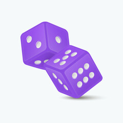 Vector 3d Realistic Purple Game Dice with White Dots Set Closeup Isolated on White Background. Game Cubes Couple for Gambling in Different Positions, Casino Dices, Round Edges