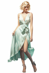 Naklejka premium Illustration of a beautiful young blonde woman modeling a long green dress watercolor, created using generative ai tools