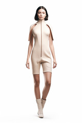 Fototapeta premium Illustration of a cute young brunette girl modeling a beige futuristic dress watercolor, created using generative ai tools