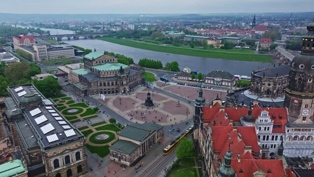 Drone shot of Theater square ( Theaterplatz )  . It is a historic square in the city. It is located in the west of the inner old town , Dresden , Germany .
