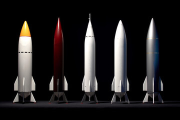 five toy rockets of varying designs and colors lined up, waiting to be launched. the excitement and anticipation of space exploration and technology advancement. Generative AI Technology