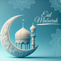 Eid Mubarak, A Blue Background With A Crescent Moon And A Mosque On It. 