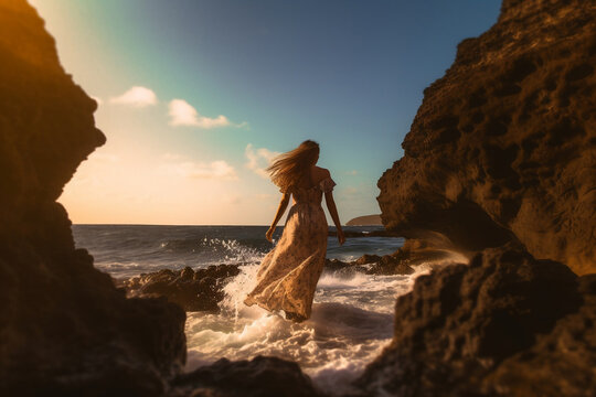 a young woman standing solo amidst the crashing waves and warm sun rays generative AI