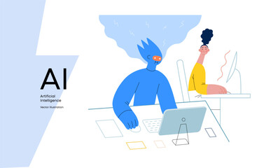 Artificial intelligence, office work -modern flat vector concept illustration of AI effectively working at the desk and surprised human. Metaphor of AI advantage, superiority and dominance concept