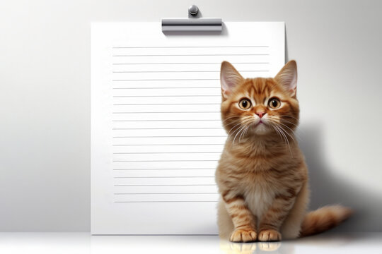 cute and fluffy kitten sitting next to a wall, with a sheet of lined paper on the ground, suggesting the concept of planning. The adorable presence of the kitten adds. Generative AI Technology