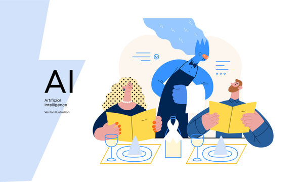 Artificial intelligence, Waiter -modern flat vector concept illustration of waiter AI taking order, giving advice on choosing in restaurant. Metaphor of AI advantage, superiority and dominance concept