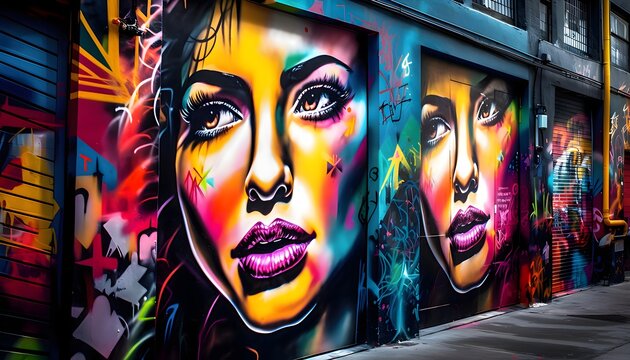 Exploring the vivid art tapestry in a bustling urban landscape, embracing the mesmerizing texture, explosive color, and electrifying energy of street art through a panoramic Generative AI