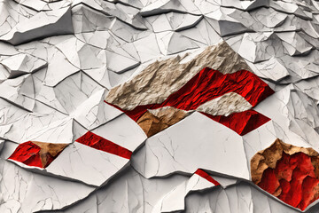 Abstract red and white paper background. White polygonal anamorphic relief on red background. Generative AI