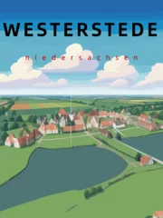 Zelfklevend Fotobehang Westerstede: Retro tourism poster with an German landscape and the headline Westerstede in Niedersachsen © Modern Design & Foto