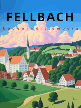 Fellbach: Retro tourism poster with an German landscape and the headline Fellbach in Baden-W&uuml;rttemberg