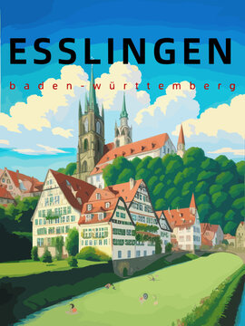Esslingen: Retro tourism poster with an German landscape and the headline Esslingen in Baden-Württemberg