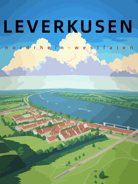 Leverkusen: Retro tourism poster with an German landscape and the headline Leverkusen in Nordrhein-Westfalen