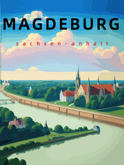 Magdeburg: Retro tourism poster with an German landscape and the headline Magdeburg in Sachsen-Anhalt - obrazy, fototapety, plakaty